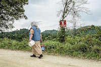 A village woman skirts a marked minefield on her way to pick berries